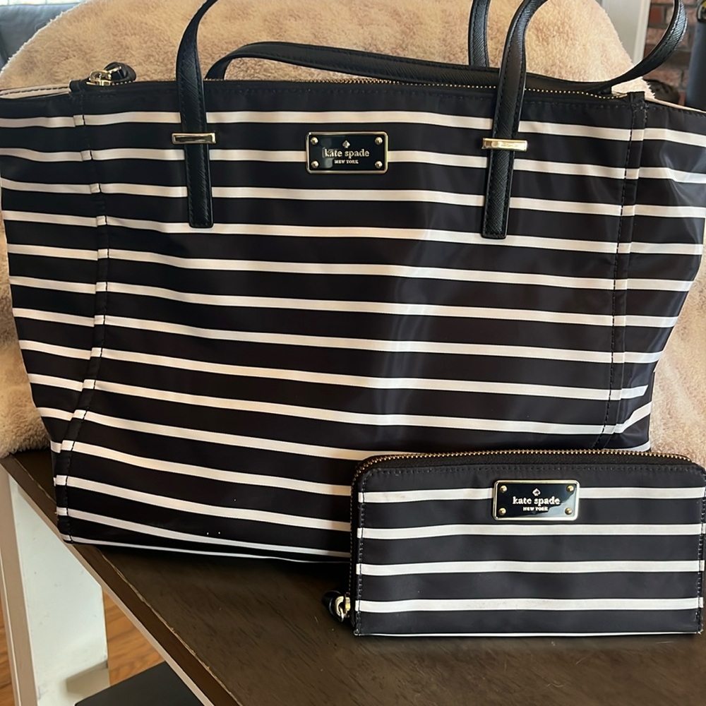 Kate spade black/white striped bag and wallet